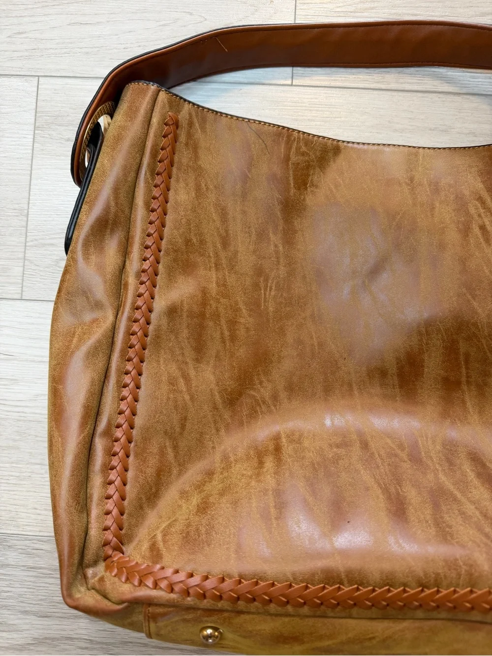 Boho Brown Hobo Bag Purse Faux Leather Distressed Finish Braided Strap Western